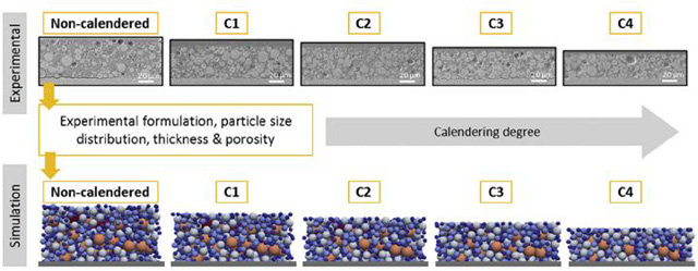 四種不同壓實率極片微結(jié)構的實驗與模型對比